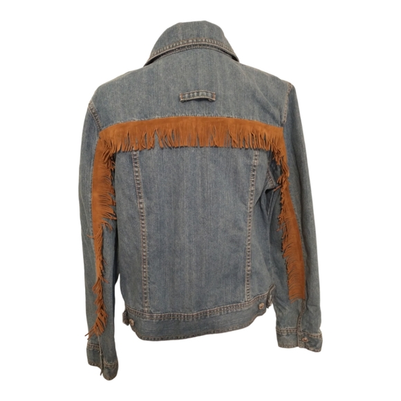 upcycled western style fringe studded stars blue jean denim jacket - Picture 7 of 10